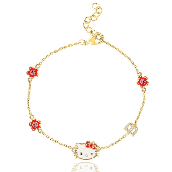 Sanrio Hello Kitty Womens Yellow Gold Plated Letter Bracelet - Cubic Zirconia Initial B Bracelet - Officially Licensed