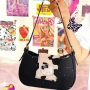 Sanrio Hello Kitty Y2K Black Underarm Bag Harajuku Kawaii Cartoon Cow Printed Nylon Handbag Casual Zipper Shoulder Bag For Women LDG