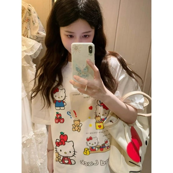 Sanrio Hello Kitty Y2k Girl Clothes Korean Style Top Fashion Clothes Summer Sweet Cotton Printed Short Sleeved Playful T-shirt