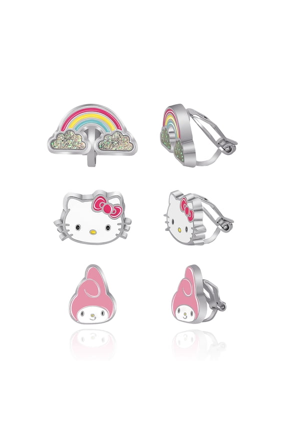 Sanrio Hello Kitty and Friends Clip On Earrings 3-Pack Official License - Rainbow, My Melody and Hello Kitty Earrings