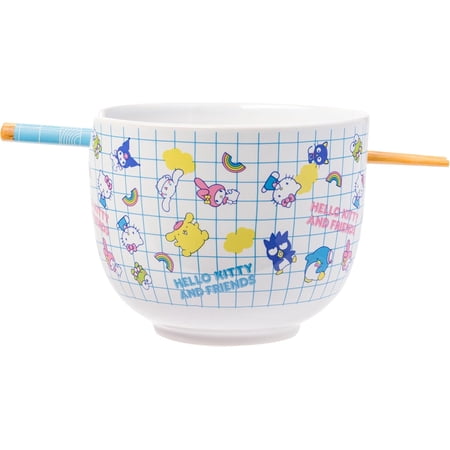 Sanrio Hello Kitty and Friends Pompompurin Pattern Ceramic Ramen Noodle Rice Bowl with Chopsticks, Microwave Safe, 20 Ounces