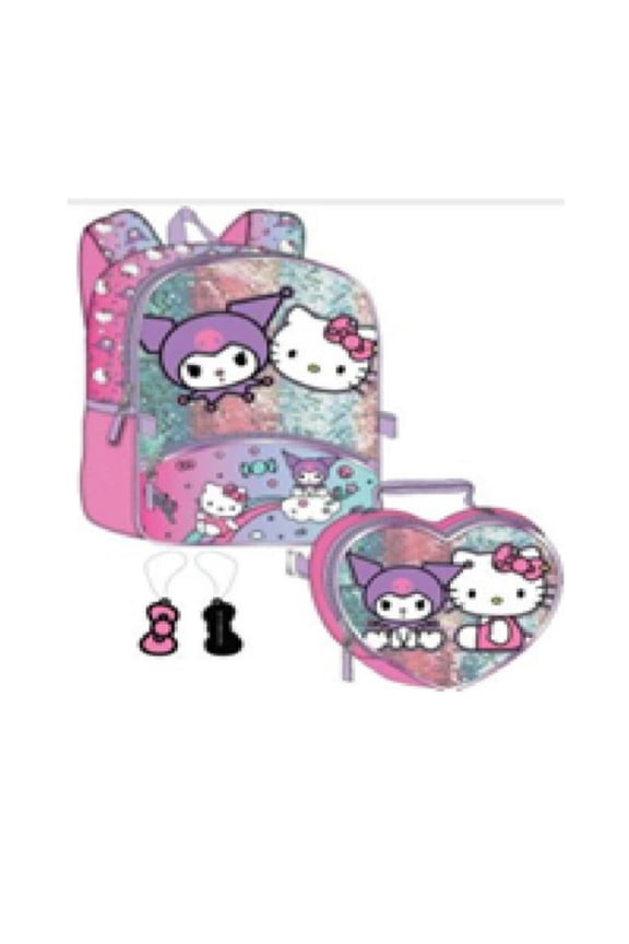 Sanrio Hello Kitty and Kuromi School 3PC Backpack, Insulated Detachable Lunch Bag & Keychain