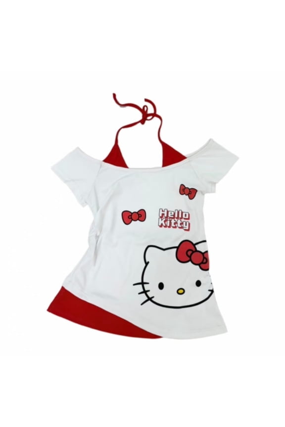Sanrio Hello Kitty women's T-shirt tops Cotton Casual Retro Neck Fake Two Piece Off Shoulder Versatile Slimming Waist