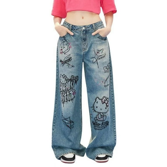 Sanrio Hot Diamond Hello Kitty Graffiti Women Jeans American High Street Girl Denim Trouser New Loose Casual Wide Leg Pants Gift