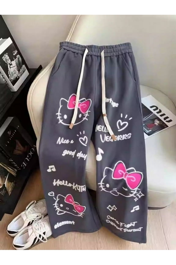 Sanrio Japanese Hello Kitty Graffiti Sweatpants Cute Wide Leg Pants Women Y2k Pants Streetwear Women 2024 Summer Korean Fashion