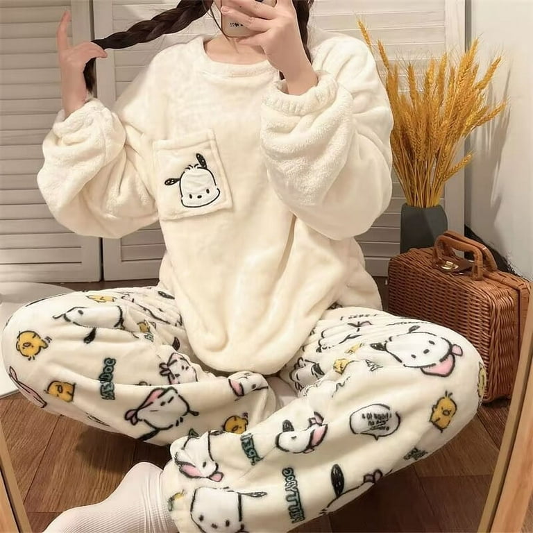 Hello Kitty Peluche Pyjamas Kawaii Sanrio Anime Cinnamoroll Kuromi Automne  Hiver Flanelle Femmes Plus Velours Épais Dessin Animé Cadeau mignon