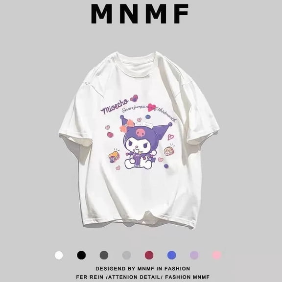Sanrio Kawaii Anime Kuromi Cartoon Harajuku Short Sleeve T-Shirt Women Fashion Summer Loose Casual Top Y2k Girl Japan Streetwear