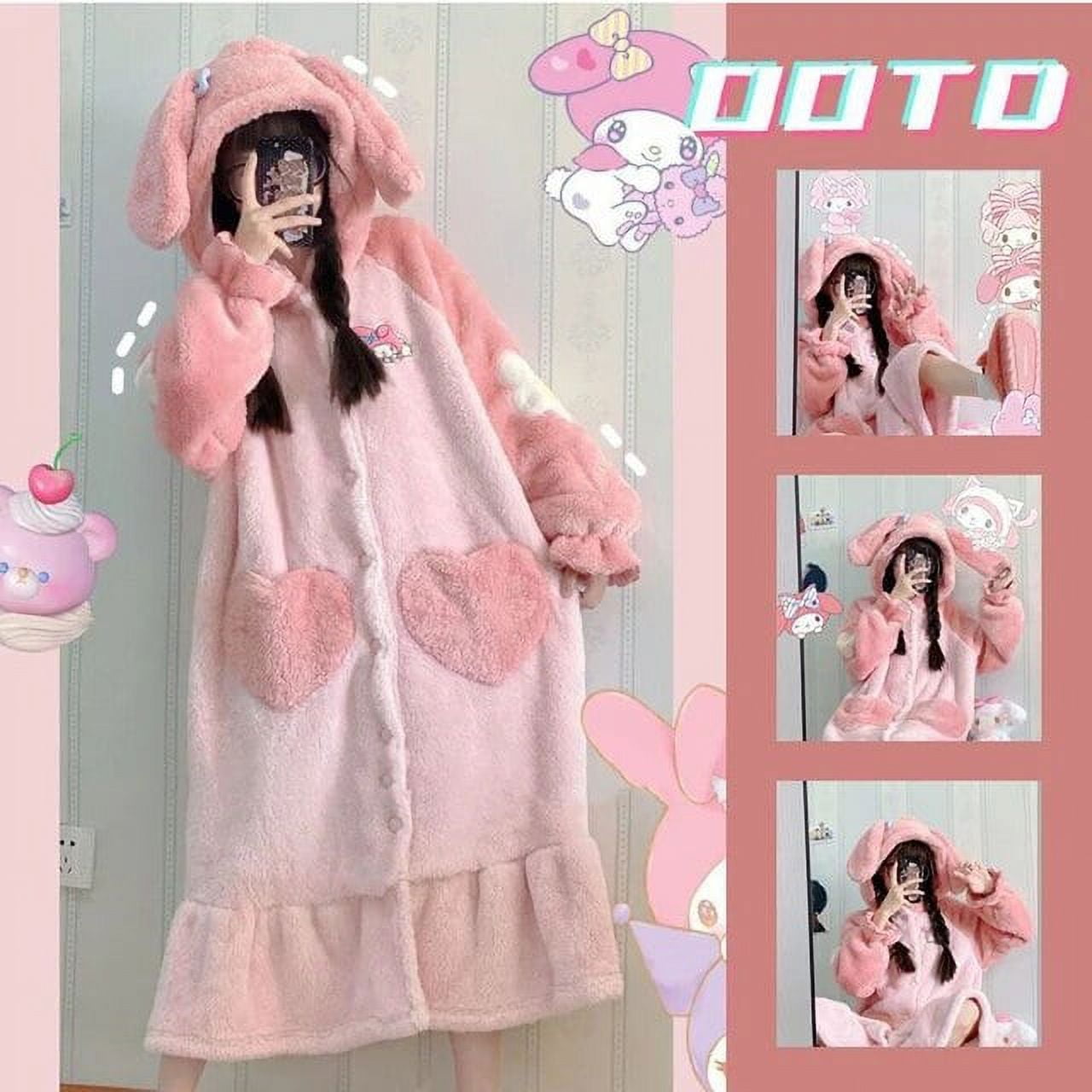 Sanrio Kawaii Bathrobe Robes for Women Hello Kitty My Melody Pajamas Tracksuit Keep Warm Long