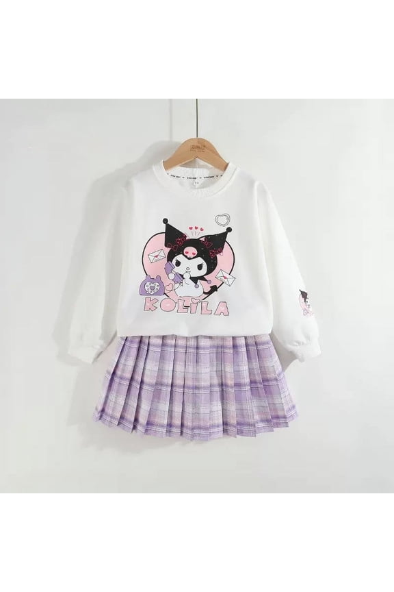 Sanrio Kawaii Clothes Kuromi Long Sleeved Sweater Tops Checkered Pleated Skirt Gifts