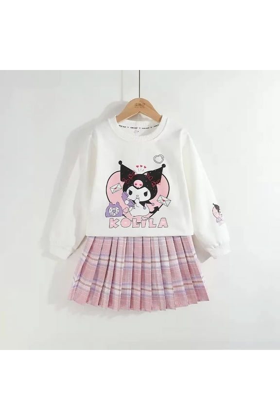 Sanrio Kawaii Clothes Kuromi Long Sleeved Sweater Tops Checkered Pleated Skirt Gifts