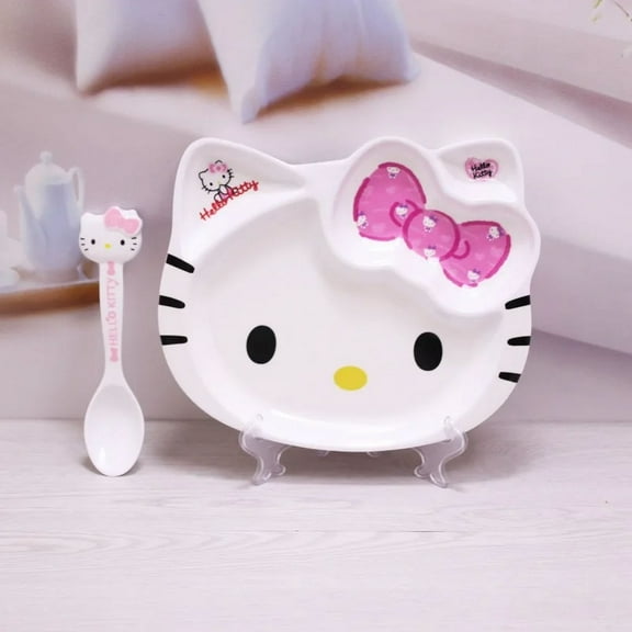 Sanrio Kawaii Hello Kitty Cat Face Plate Child Cutlery Set Bowl Chopsticks Spoon Fall Resistance Have A Meal 2-14 Years Old Cute