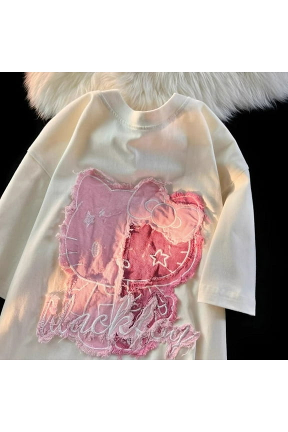 Sanrio Kawaii Hello Kitty Embroidered Patch Cotton T-shirt Summer New Hip Hop Black Short Sleeved Top Youthful Woman Clothes Yk2