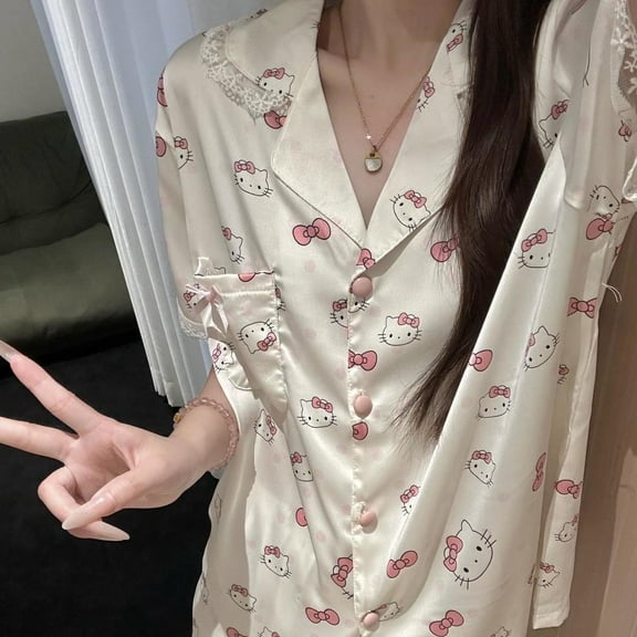 Sanrio Kawaii Pajamas Hello Kitty Cute Lace Ice Silk Fashion Shorts Shorts New Style Casual Home Clothes