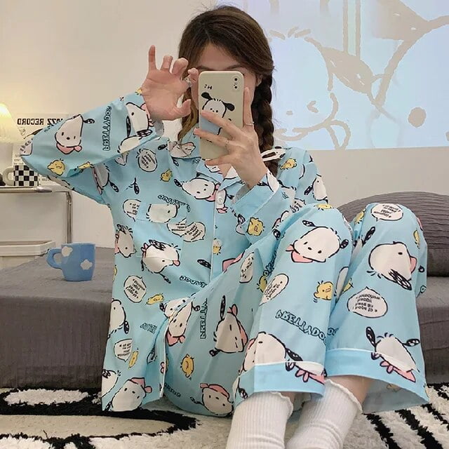 Sanrio Kawaii Pochacco Hello Kitty Cartoon Long Sleeve Cardigan Pajama ...