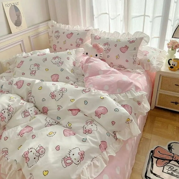 Sanrio Kawaii Quilt Sheet Hello Kittys Cartoon Cute Student Dormitory Family Bed Sheet Set of Fourtoys Girls Birthday Gifts