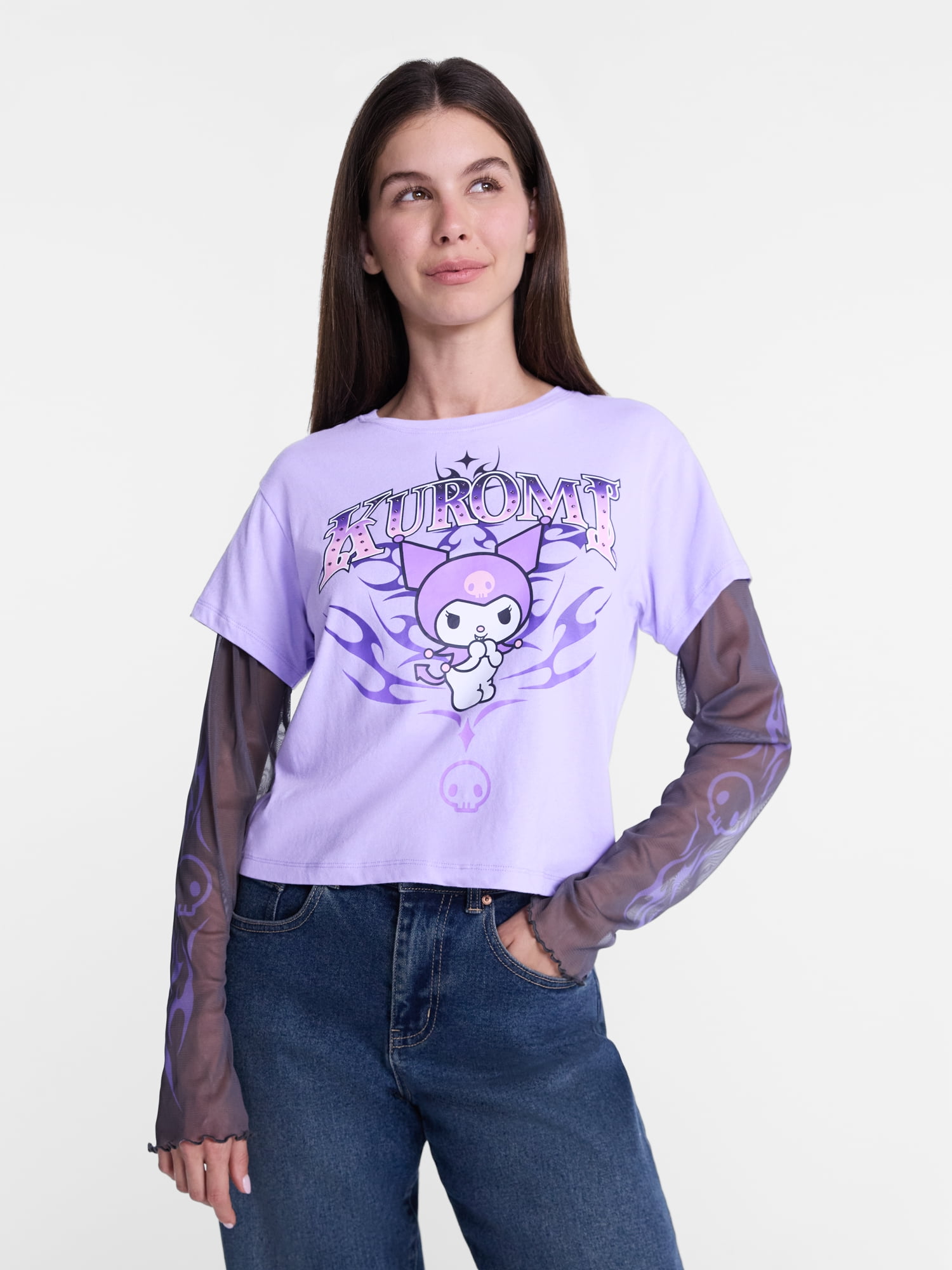 Sanrio Kuromi Women's Graphic Layered Mesh Tee with Long Sleeves, Sizes XXS-XXSL