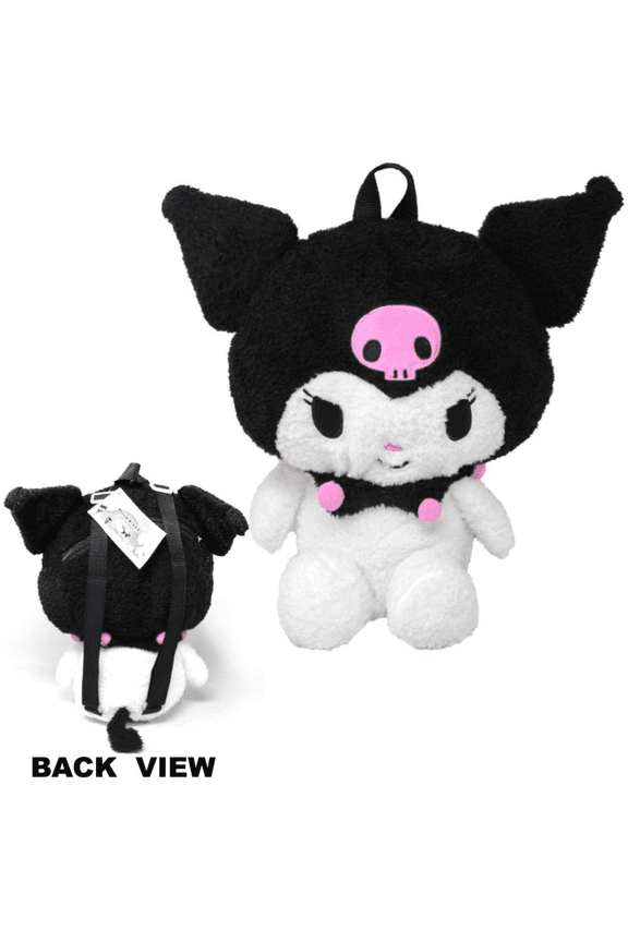 Kuromi 16-Inch Chenille Plush Backpack, Black and White, Kawaii Stuffed Character Bookbag with Adjustable Straps