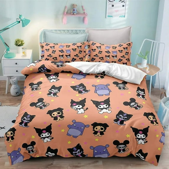 Sanrio Kuromi Bedding Set Cartoon Anime Kuromi Melody Quilt Duvet Cover Pillowcase Kid Girls Gothic Bed Set Twin Queen King Size