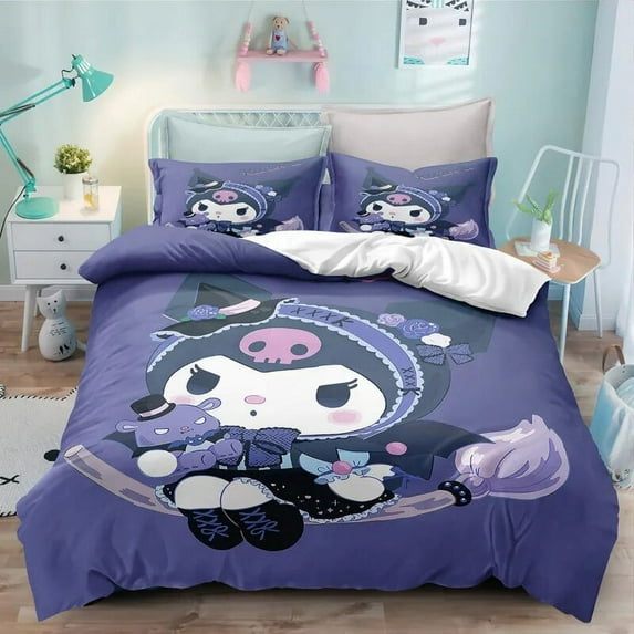 Sanrio Kuromi Bedding Set Cartoon Anime Kuromi Melody Quilt Duvet Cover Pillowcase Kid Girls Gothic Bed Set Twin Queen King Size