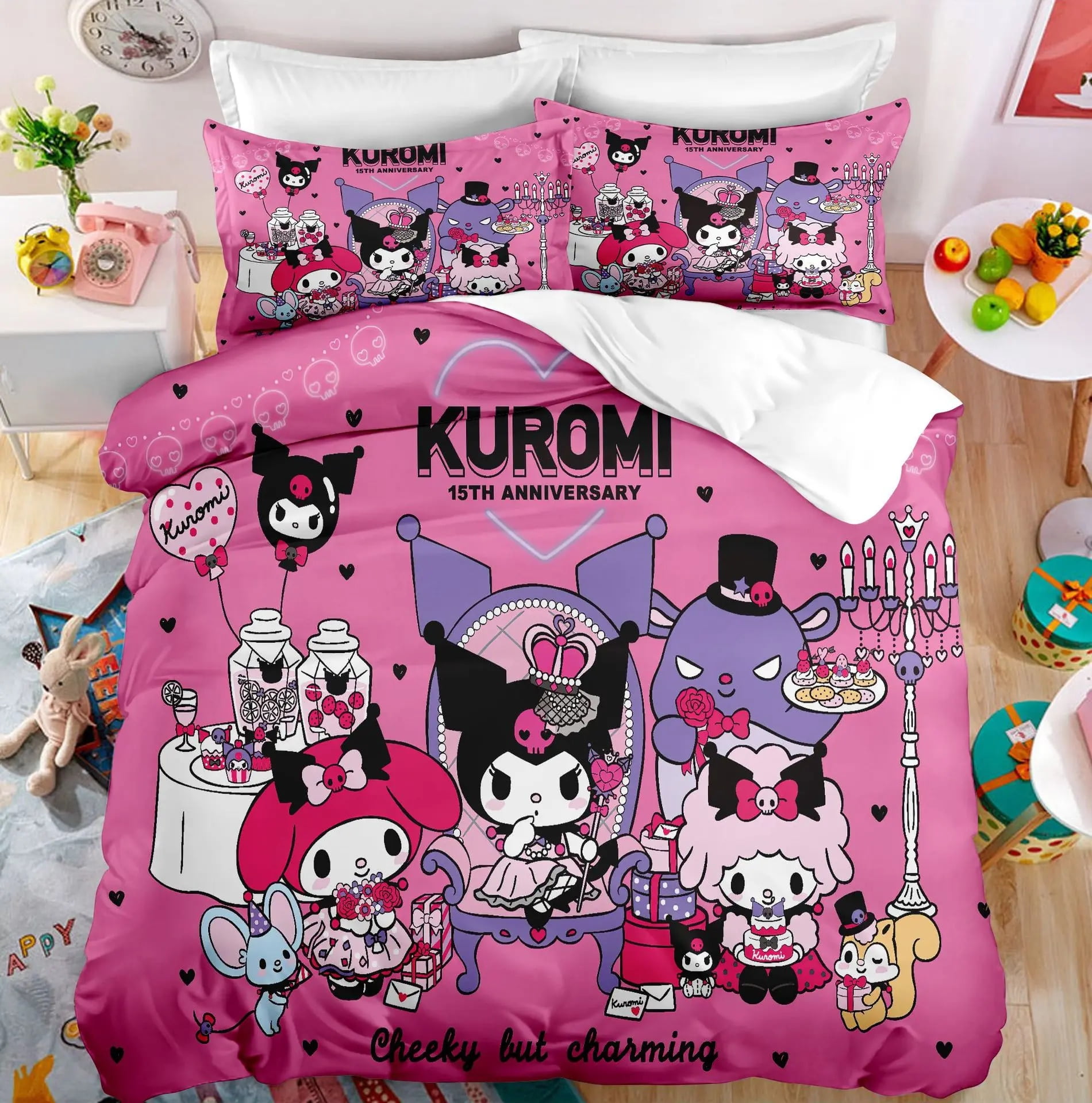 Sanrio Kuromi Bedding Set Cute Bed Quilt Cover Pillow Case Household Single Double Three Piece