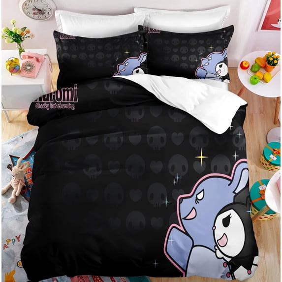 Sanrio Kuromi Bedding Set Cute Bed Quilt Cover Pillow Case Household Single Double Three Piece Set Children Cartoon Anima Gift