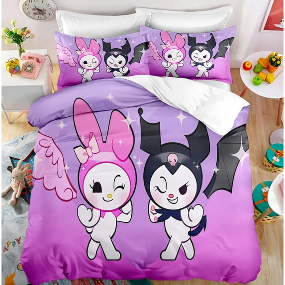 Sanrio Kuromi Bedding Set Cute Bed Quilt Cover Pillow Case Household Single Double Three Piece Set Children Cartoon Anima Gift