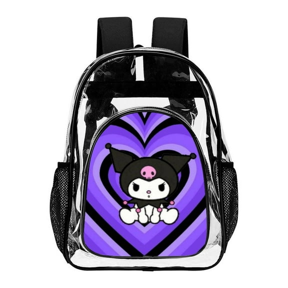 Sanrio Kuromi Clear Backpack Transparent Heavy Duty Bookbag Large PVC Laptop Bag Adjustable Shoulder Straps with Mesh Side Pockets for College Work Travel Stadium Concert