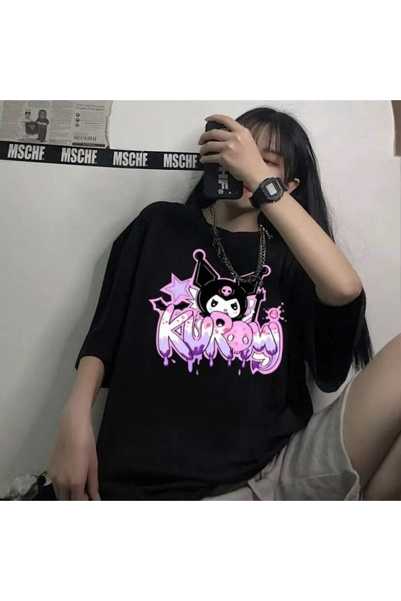 Sanrio Kuromi Gothic Japanese Style Emo Black T-shirt Top Women's Summer Aesthetic Grunge Tees Hip Hop Trashy Y2k 2000s Clothes