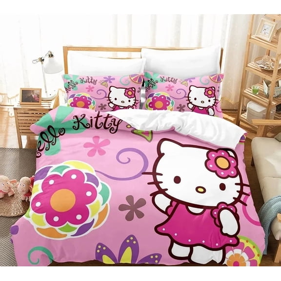 Sanrio Kuromi Hello Kitty Cartoon Quilt Cover Without Filling Pillowcase Three-piece Set Holiday Christmas Gift(1Duvet cover+2pillowcases)