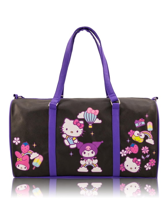 Sanrio Kuromi & Hello Kitty Duffle Bag for Girls 16" Travel Bag with Kuromi, My Melody & Hello Kitty Overnight Weekender Bag with Shoulder Strap Ages 3+