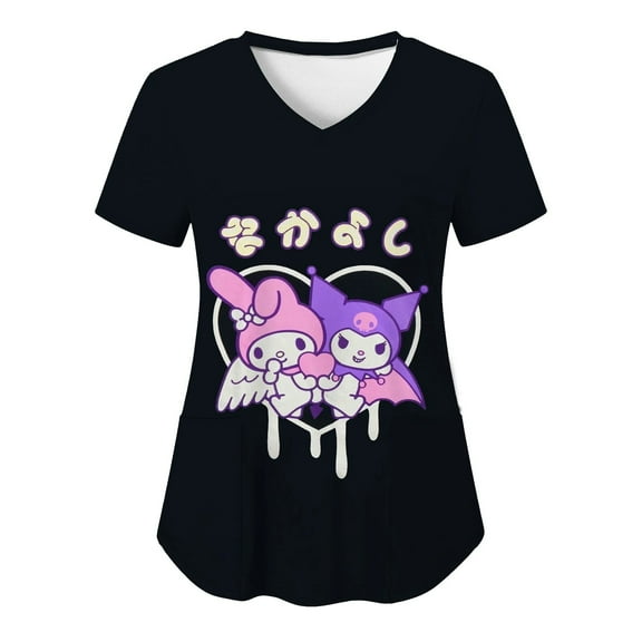 Sanrio Kuromi Hello Kitty Pocket Top 3D Print Y2k Cartoon V Neck Women T-shirts T-shirt New Woman Clothing Nurse Uniform Summer