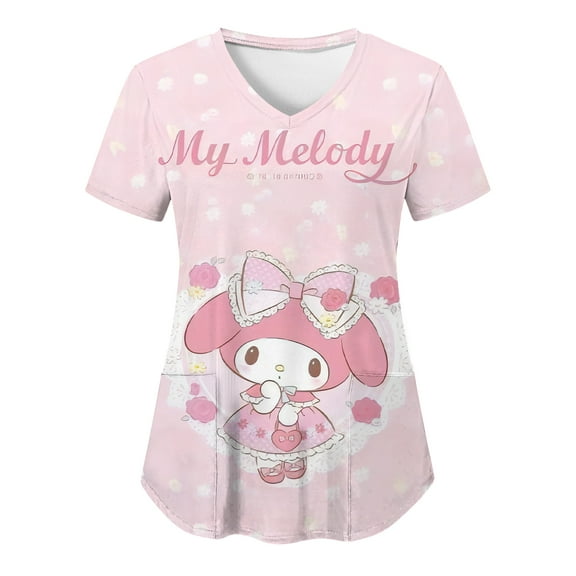 Sanrio Kuromi Hello Kitty Pocket Top 3D Print Y2k Cartoon V Neck Women T-shirts T-shirt New Woman Clothing Nurse Uniform Summer