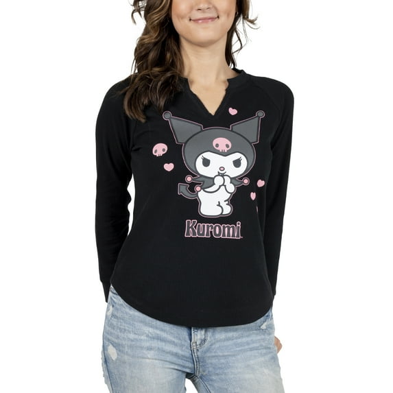 Sanrio Kuromi Juniors Black Long Sleeve Thermal Henley Shirt-Small