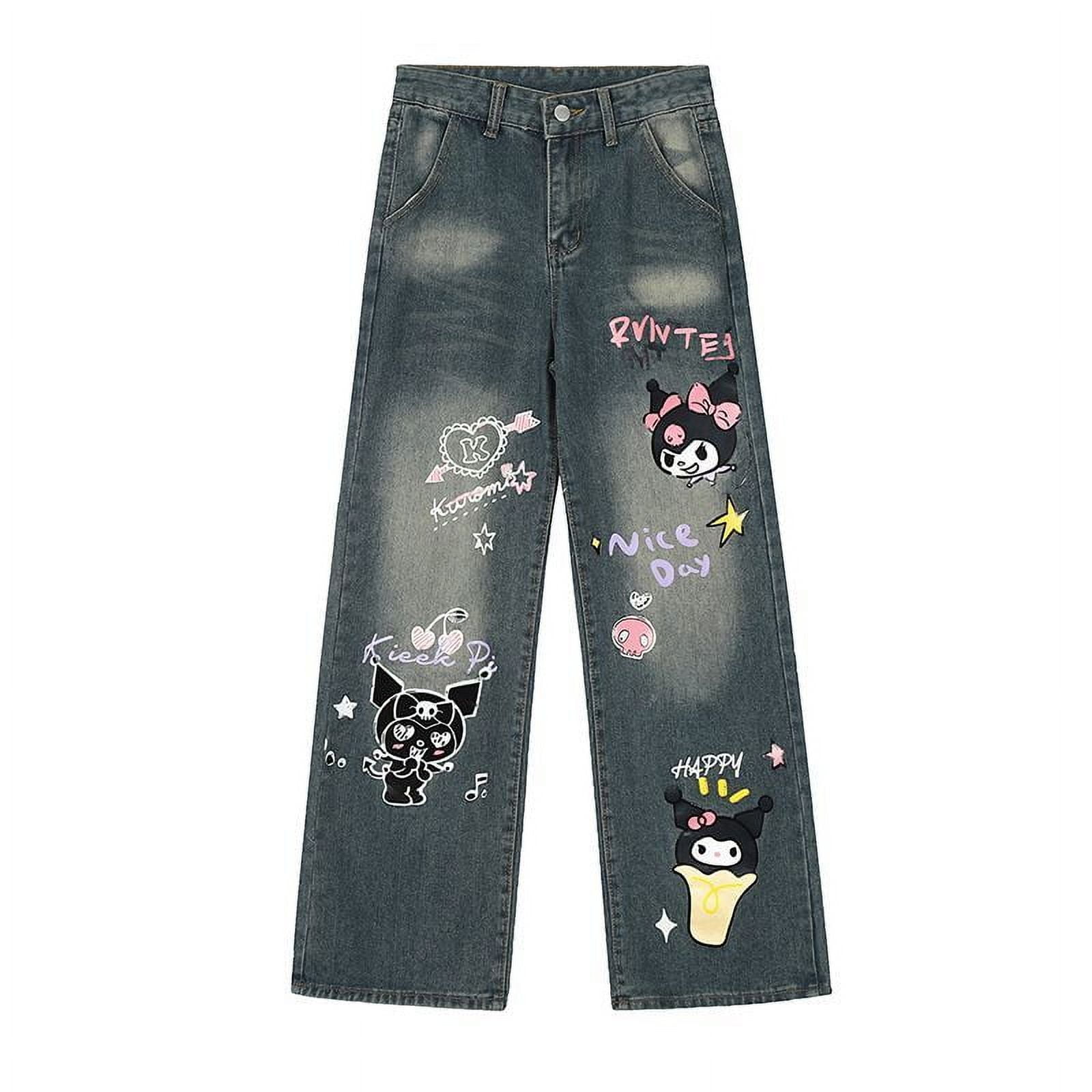 Sanrio Kuromi New Graffiti Jeans For Women High Waisted Wide Sanrio Kuromi New Graffiti Jeans For Women High Waisted Wide