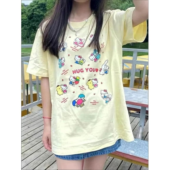 Sanrio Kuromi Pixel Hello Kitty Clothes T-shirts Women Harajuku Anime Y2k Tops Short Sleeve Tees Cartoon Print Streetwear Tshirt