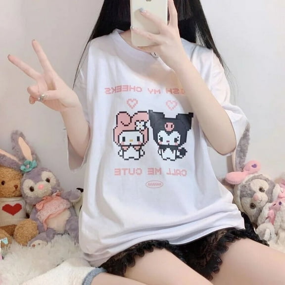 Sanrio Kuromi Pixel Hello Kitty Clothes T-shirts Women Harajuku Anime Y2k Tops Short Sleeve Tees Cartoon Print Streetwear Tshirt