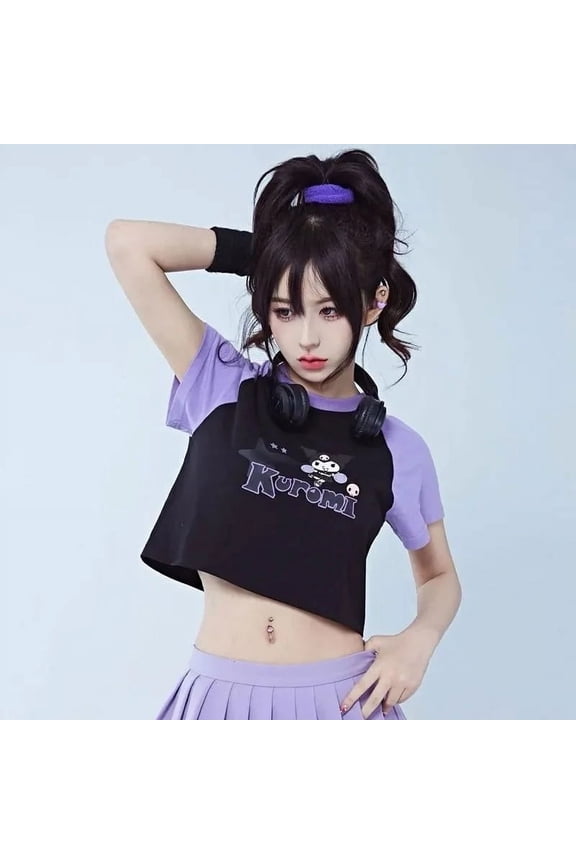 Sanrio Kuromi Y2k Cute T-shirt For Women Summer 2023 Short Sleeve O-neck Contrast Tops Girl Korean Fashion Kawaii Anime Tees New