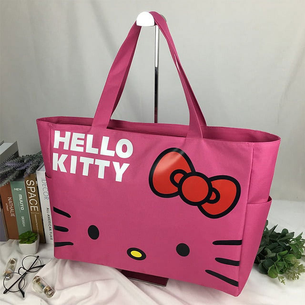 Sanrio Large Reusable Grocery Shopping Bag Cartoon Hello Kitty Portable Shoulder Bag Eco Canvas Zipper Handbags Travel Tote Bag