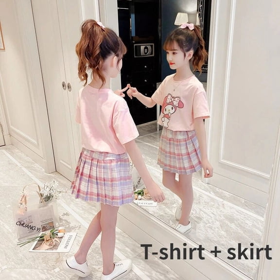 Sanrio Melody Children Set Short-sleeved Skirt Summer Girl T-shirt Casual Loose Tops Sexy Pleated Skirts Sweet Kids Clothing