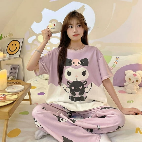 Sanrio Pajamas Kuromi Sweet Lounge Suit​ Short Sleeve Trousers Kawaii Cartoon Home Wear Lightweight Outwear-Capable Sleepwear