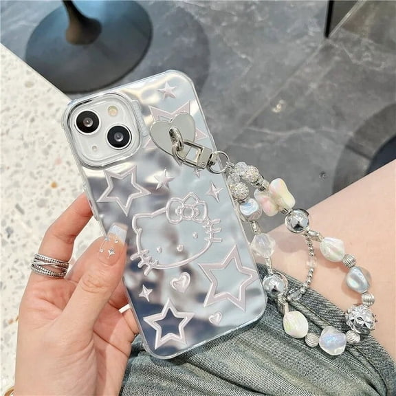 Sanrio Plating Wearing Headphones Hello Kitty Phone Case with Chain for IPhone 14 13 12 11 Pro Max Y2k Girly Cartoon Back Cover