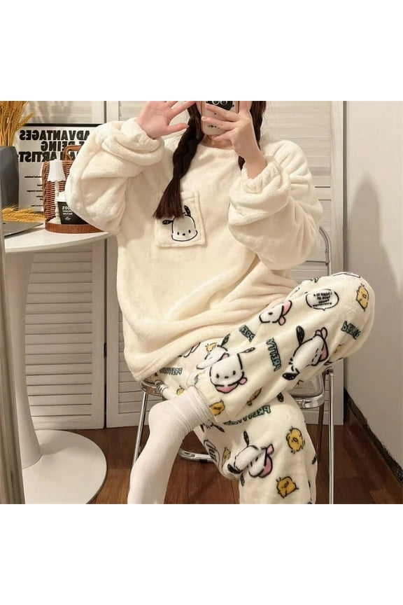 Sanrio Plush Pajamas Suit Anime Hello Kitty Y2K Flannel Winter Sleepwear Set Kawaii Kuromi Stuff Pajama Top Pants Tracksuit Gift