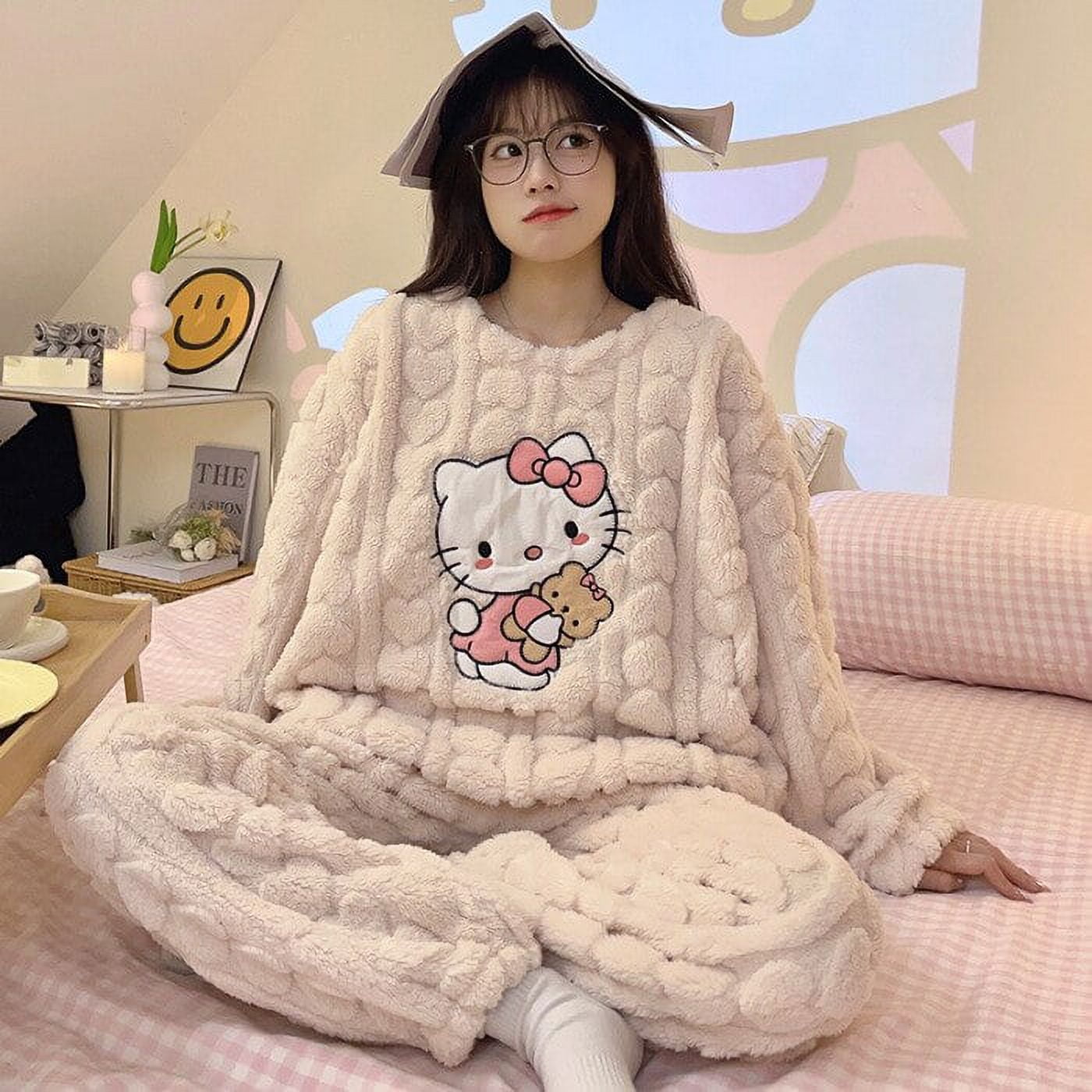 Sanrio Plush Plus Size Pajama Set Hello Kitty Cartoon Warm Homewear Cute  Winter Nightwear Anime Round Neck Seelpwear Girl Gift 