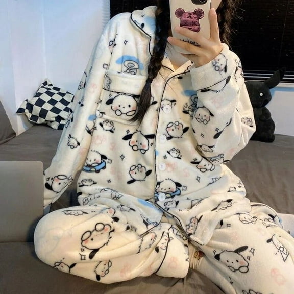 Sanrio Pochacco Plush Pajamas 2 Piece Set Korean Style Cardigan Tops Pants Women Flannel Soft Sleepwear Y2k Cute Home Clothes