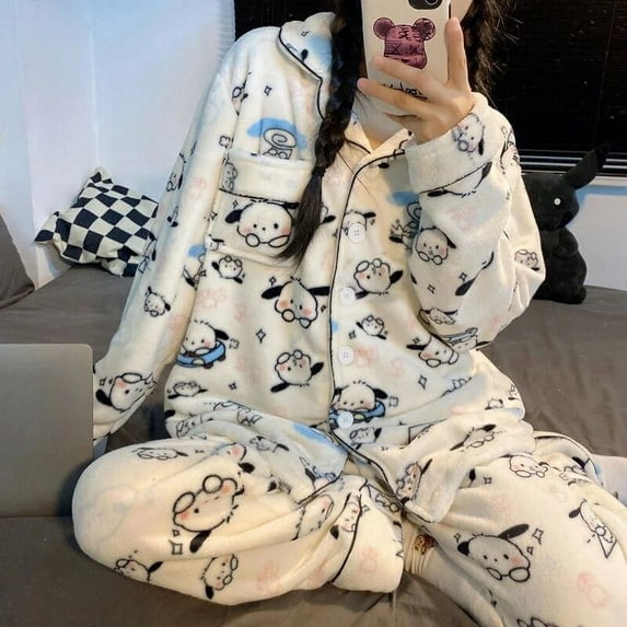 Sanrio Pochacco Plush Pajamas 2 Piece Set Korean Style Cardigan Tops Pants Women Flannel Soft Sleepwear Y2k Cute Home Clothes