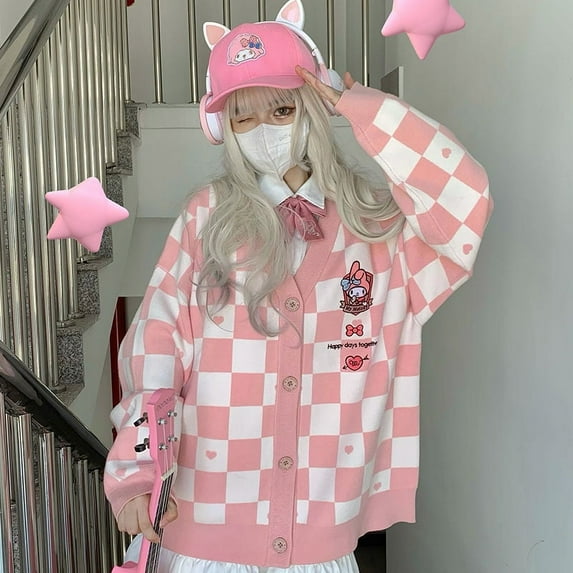 Sanrio Pompompurin Kuromi MyMelody Cinnamoroll Anime Embroidery Knitted Sweater Checkerboard Sweet College Style Cardigan