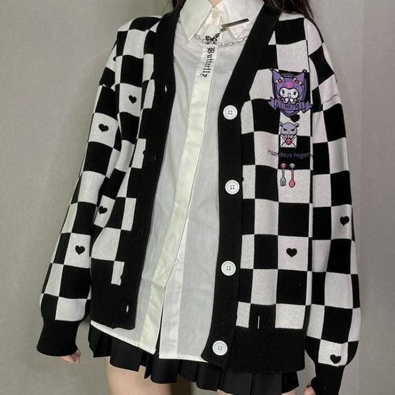 Sanrio Pompompurin Kuromi MyMelody Cinnamoroll Anime Embroidery Knitted Sweater Checkerboard Sweet College Style Cardigan