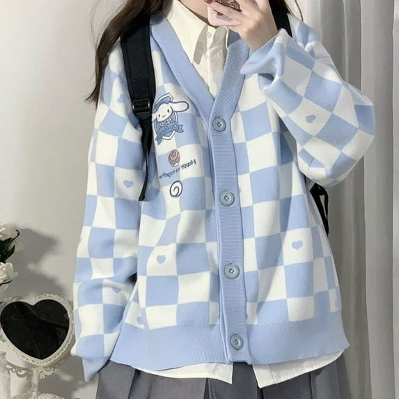 Sanrio Pompompurin Kuromi MyMelody Cinnamoroll Anime Embroidery Knitted Sweater Checkerboard Sweet College Style Cardigan