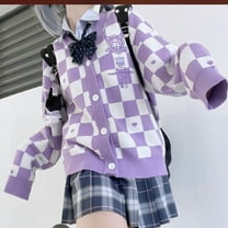 Sanrio Pompompurin Kuromi MyMelody Cinnamoroll Anime Embroidery Knitted Sweater Checkerboard Sweet College Style Cardigan