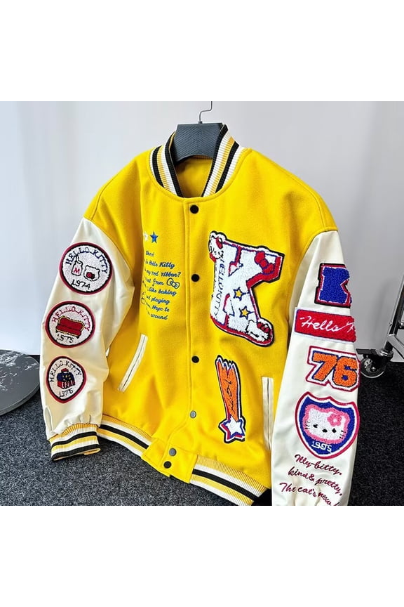Sanrio Retro Hello Kitty Flocking Embroidered Splicing Baseball Uniform for Men and Women Fashion Brand Loose Stand Collar Jacket